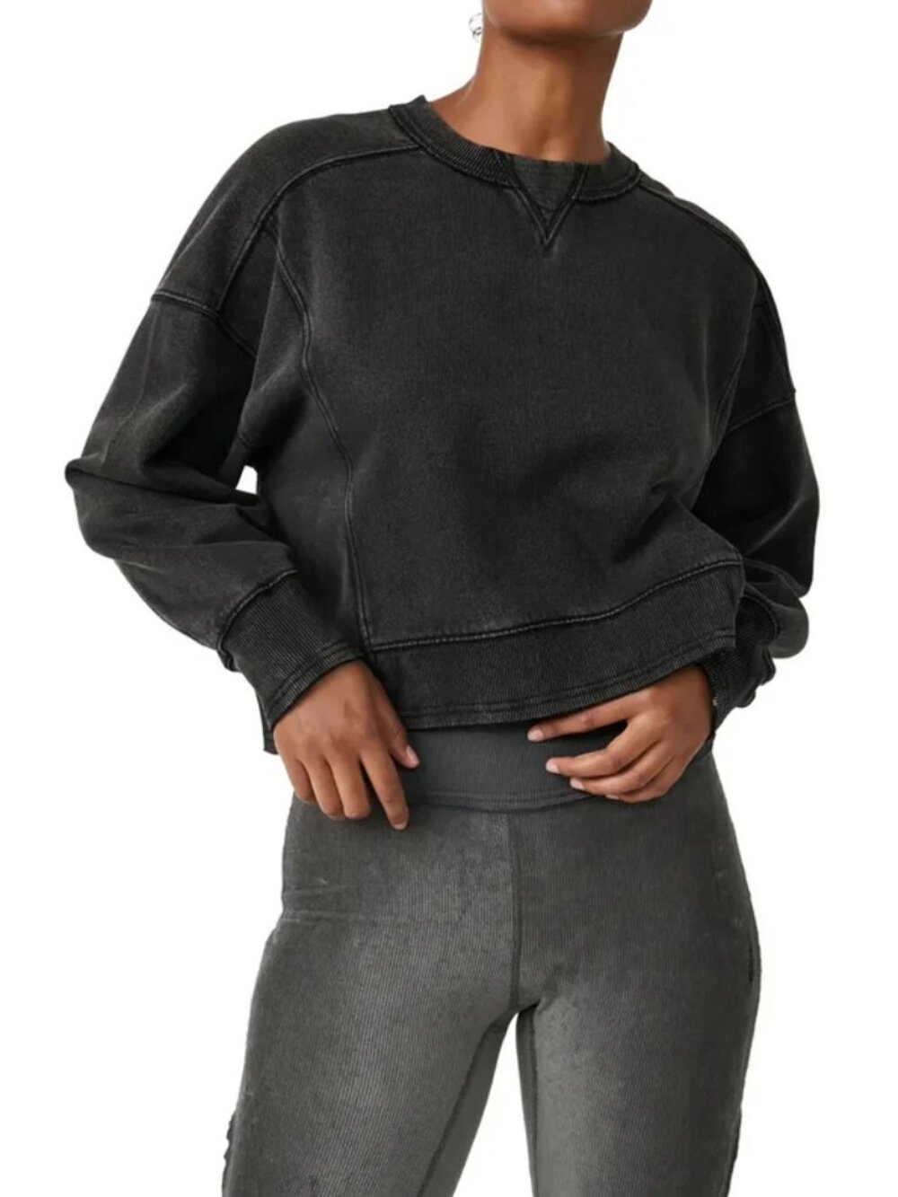 Free People Intercept Pullover Black Cropped Long Sleeve Crew Neck Boxy Top M